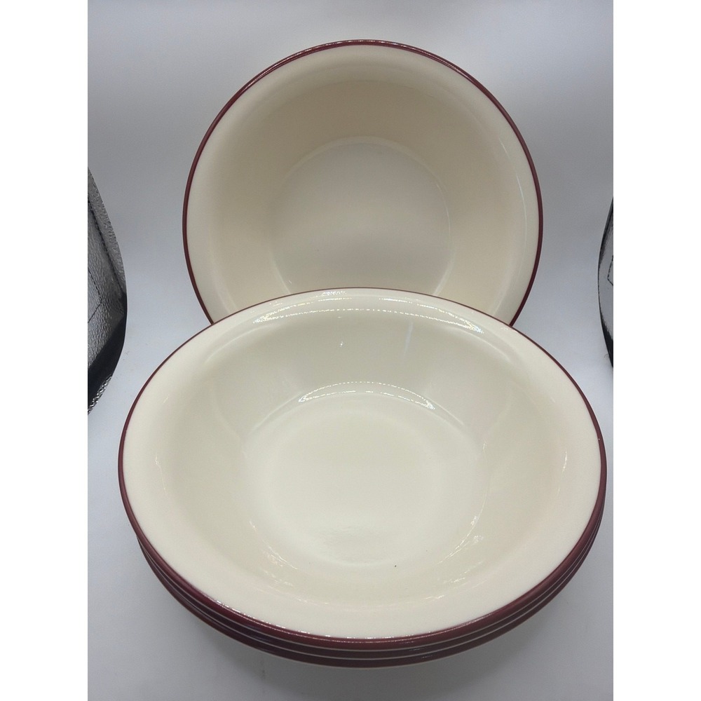 4 Corelle Gypsum Cereal Bowls.  Beige and DK Red rim MADE USA!